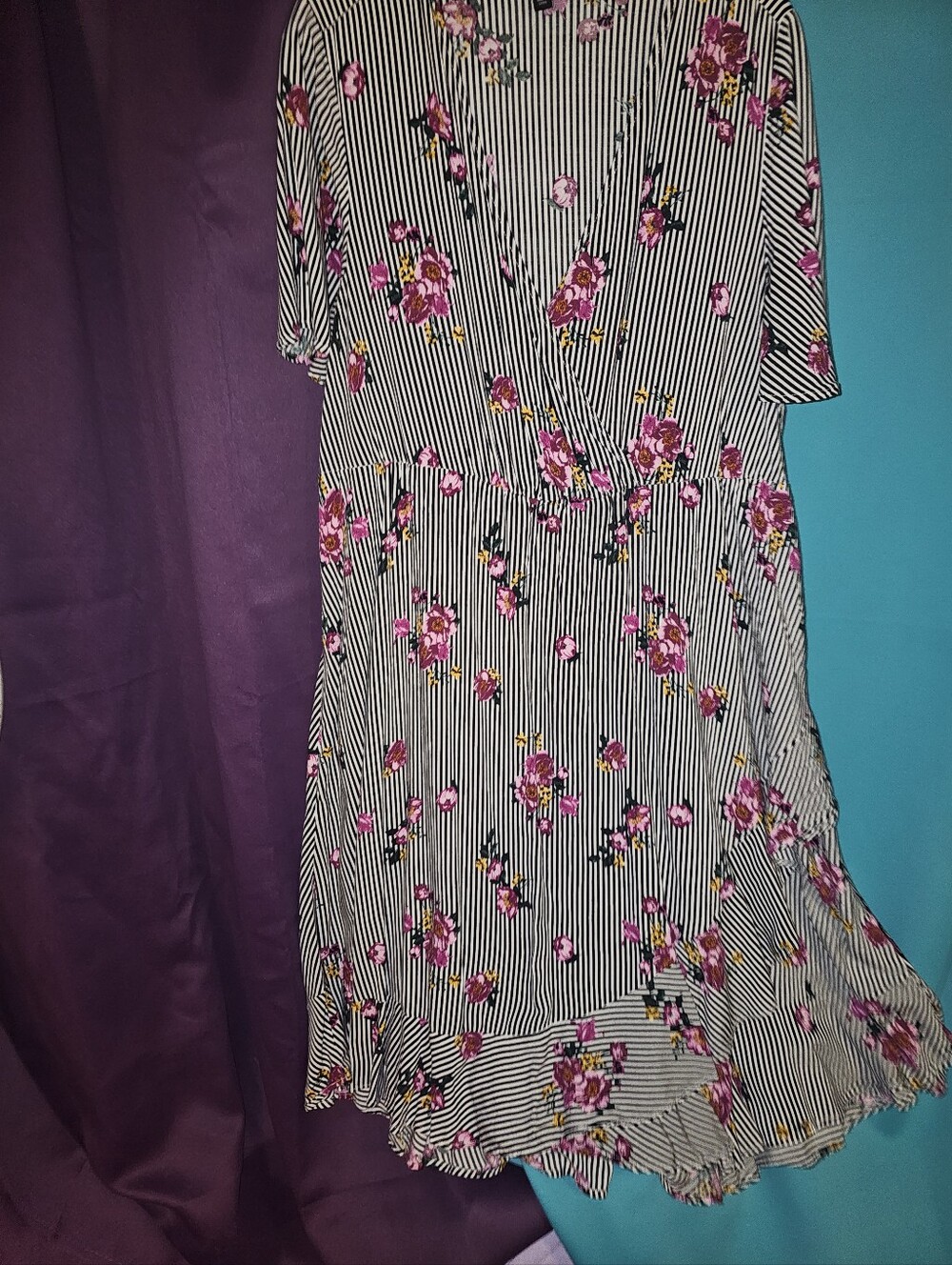 Torrid Striped Black & White Dress with Pink Floral Print
